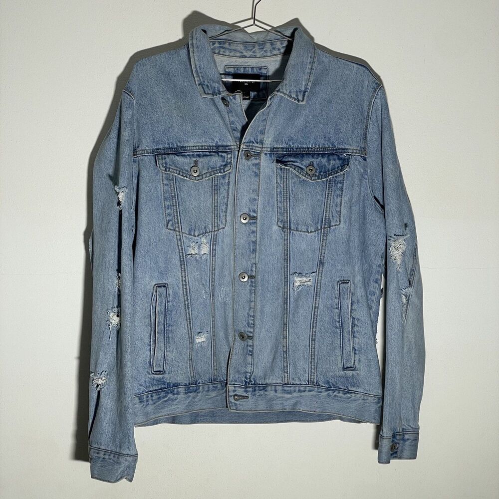Forever 21 Men's Distressed Light Wash Denim Jacket